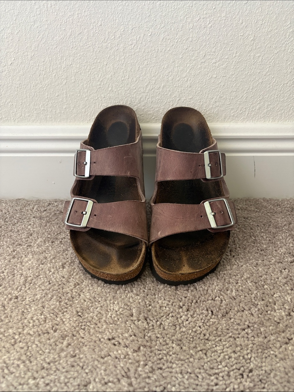 Birkenstock Arizona Purple Leather Slide Sandals